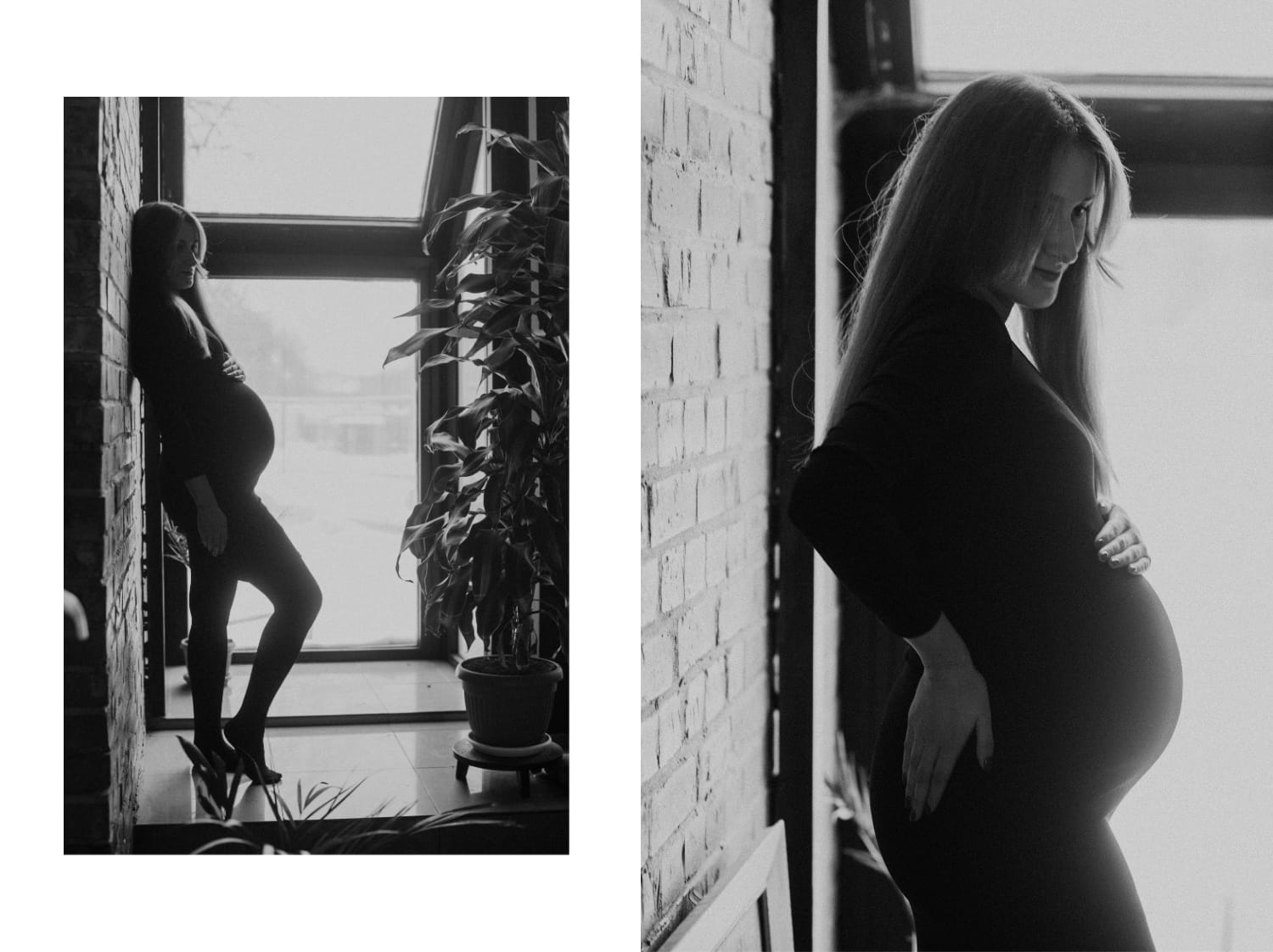 Kobieta w ciąży przy oknie, czarno-biała fotografia