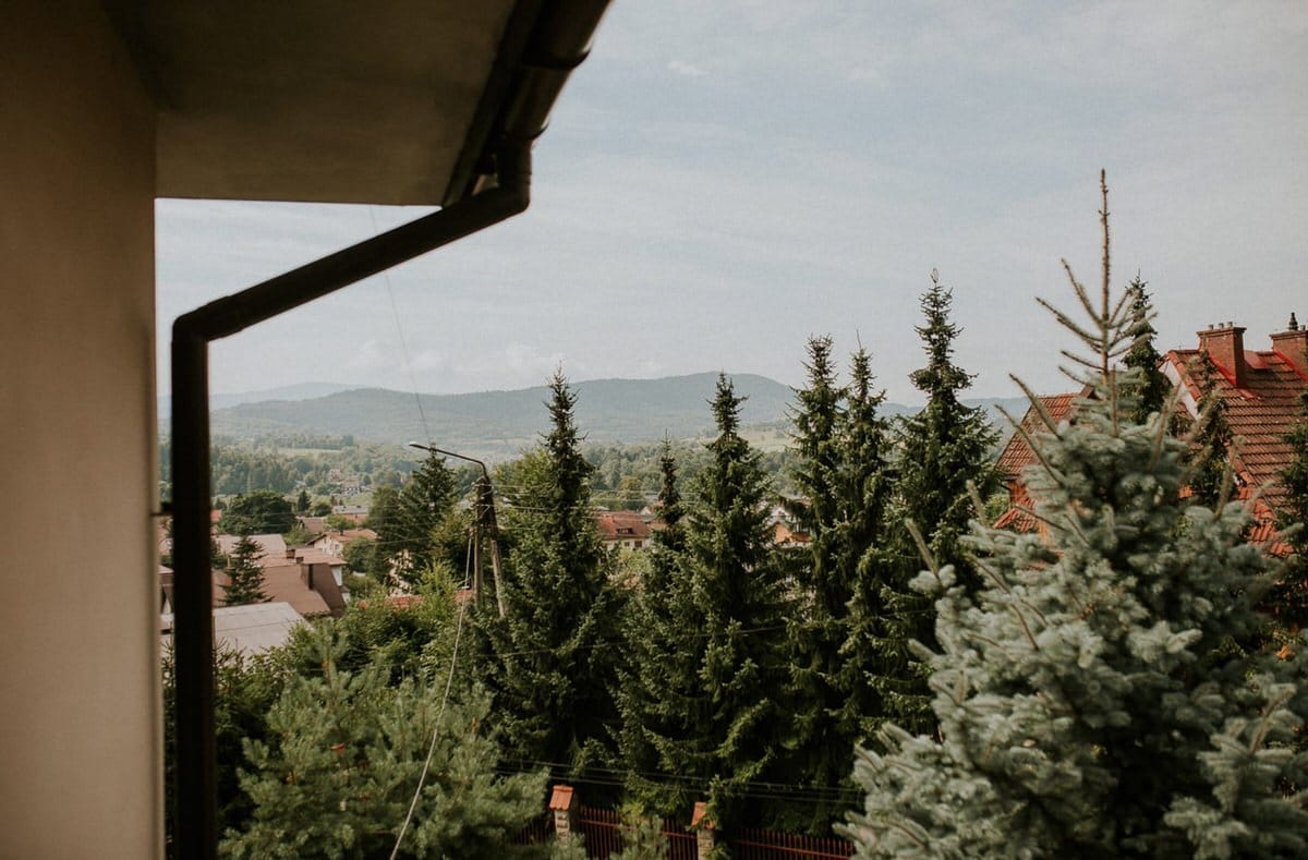Widok na góry, drzewa, dachy i wieś.