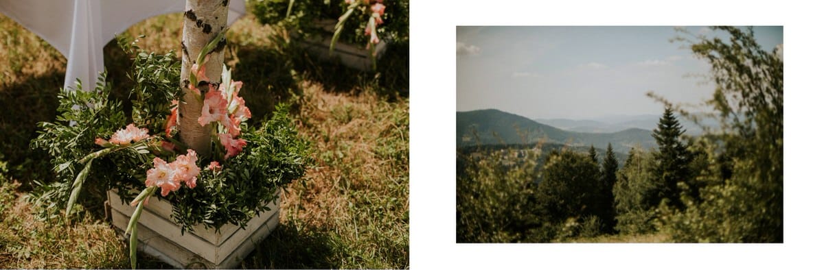 Dekoracja kwiatowa, widok na górski krajobraz