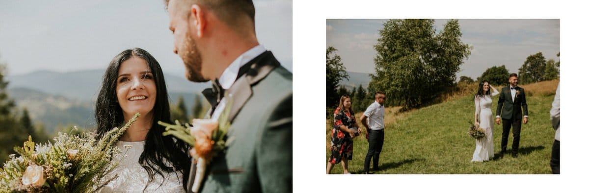 Para młoda na łące w górach, ślub plenerowy.