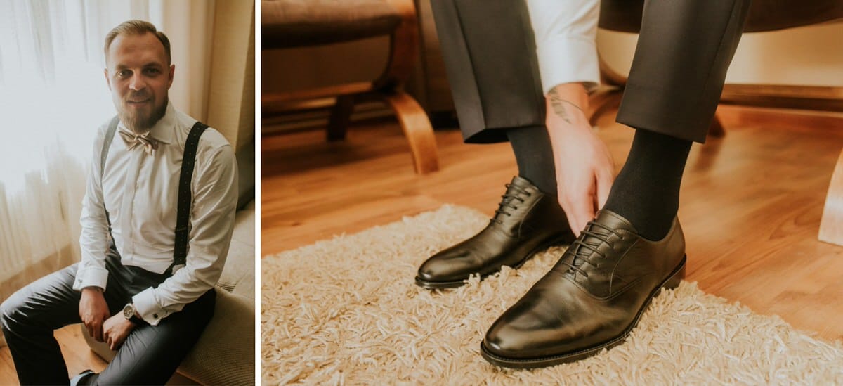 Mężczyzna w eleganckim stroju zakłada buty