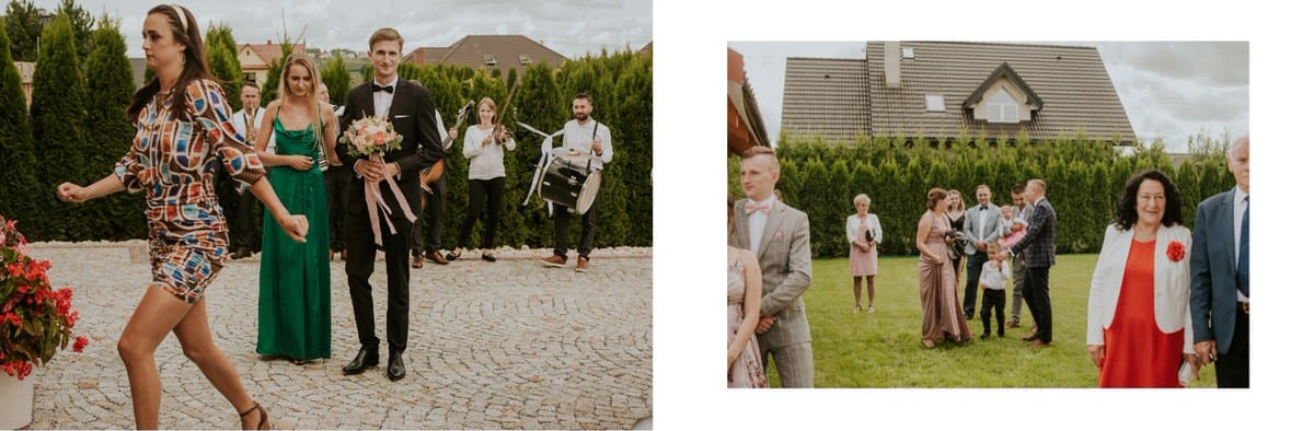 Goście weselni na świeżym powietrzu, elegancko ubrani.