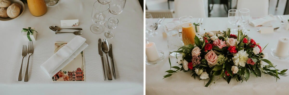 Elegancko nakryty stół weselny z kwiatową dekoracją.