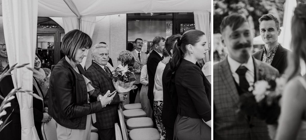 Goście na weselu, ceremonia ślubna na świeżym powietrzu.