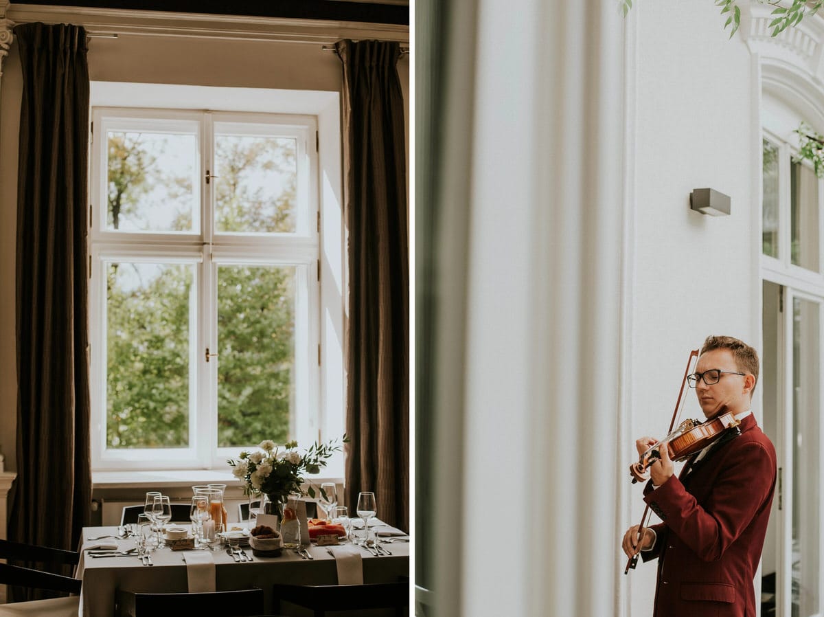 Eleganckie wnętrze z muzykiem grającym na skrzypcach.