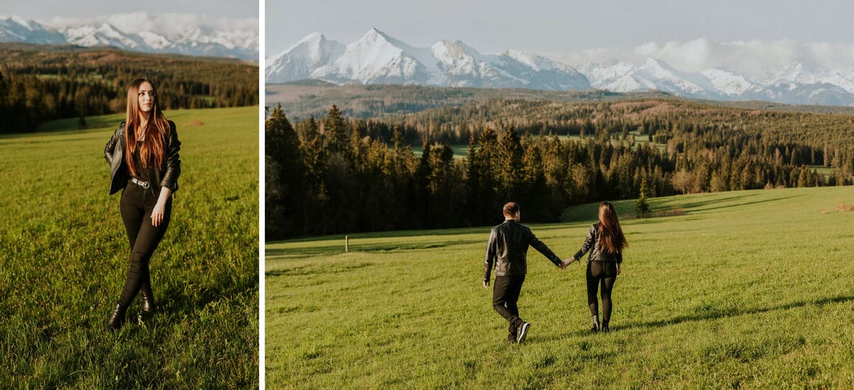 Para na górskiej łące z widokiem na Tatry.