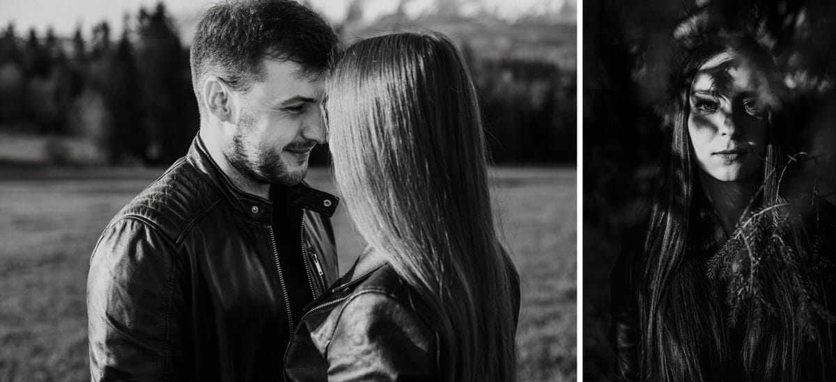 Para na polu, kobieta za gałęziami