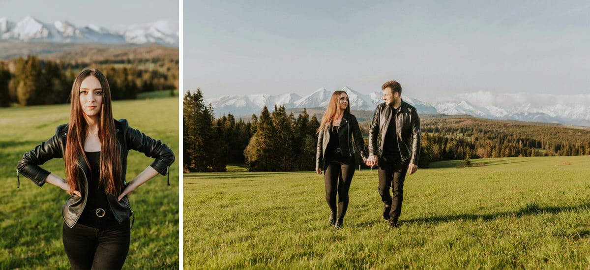 Para spaceruje po górskiej łące, w tle Tatry.
