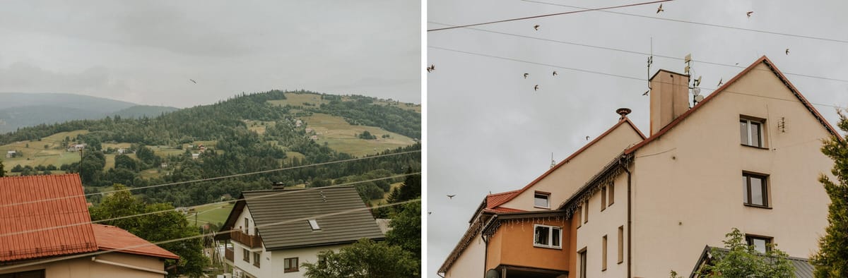 Krajobraz górski i domy z lotu ptaka