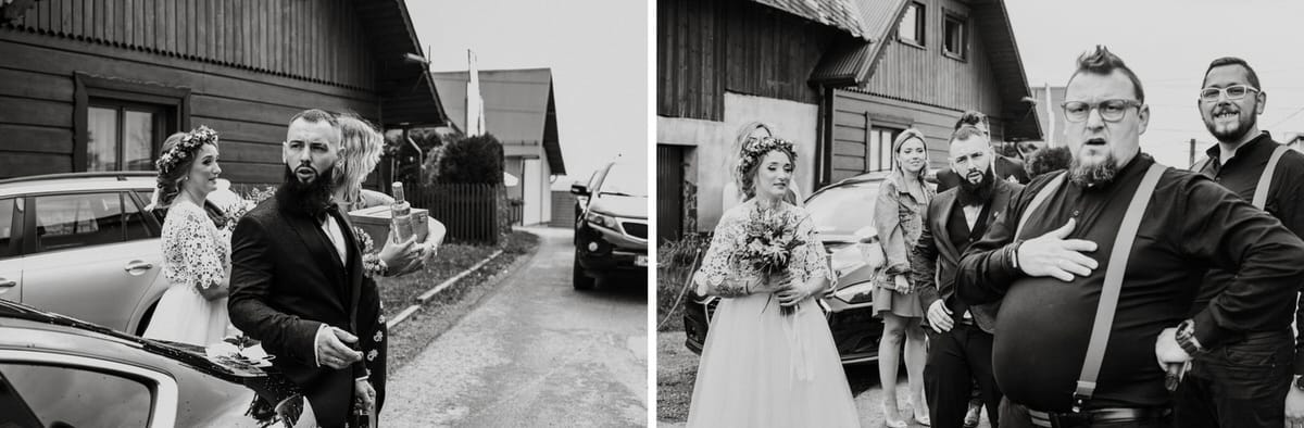 Ślubna sesja fotograficzna na wiejskiej drodze, młoda para.