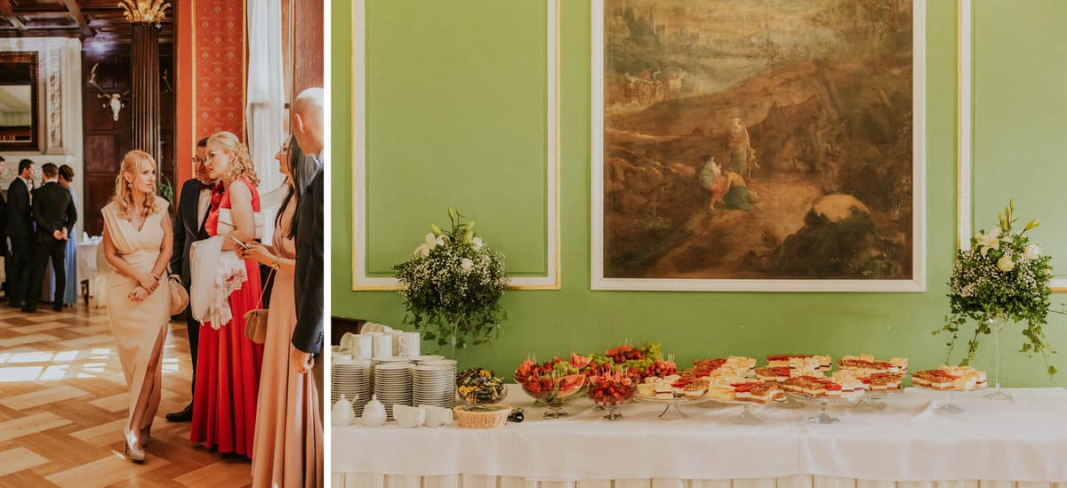 Bal w eleganckiej sali z deserowym stołem.