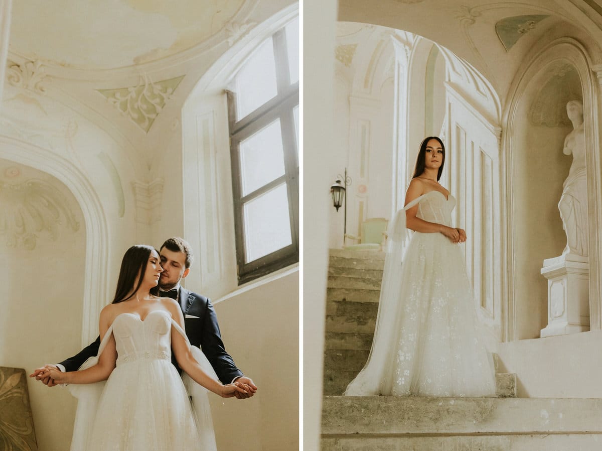 Para młoda w eleganckiej sesji ślubnej na schodach