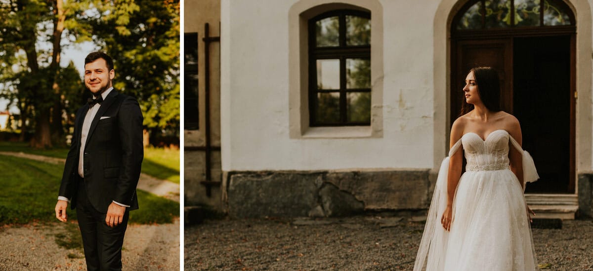 Para młoda w eleganckich strojach ślubnych